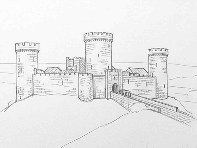 Pencil sketch adding broken masonry lines on the towers and grass texture on the hill.