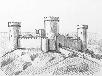 Finished pencil castle with mid grey hatching on the shaded sides of the towers and walls.
