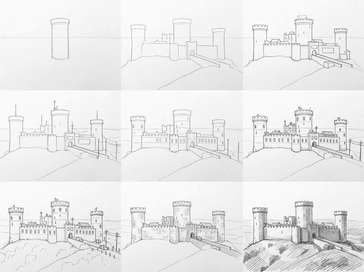 Pencil sketch tutorial of a medieval stone castle