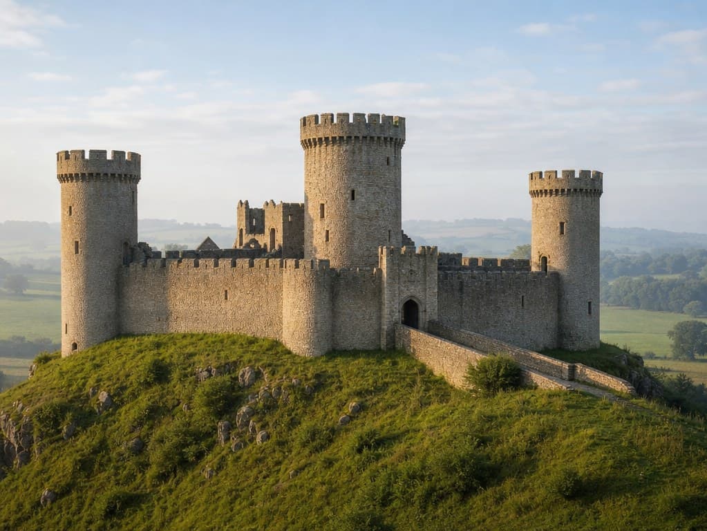 Photograph of a medieval stone castle with three round towers on a green hill.