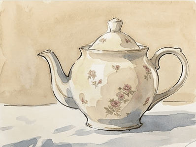 Teapot with mid-tone shadow washes, a floral pattern, and a soft background wash.
