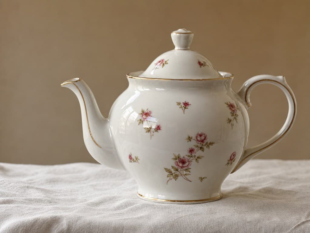 Reference photo of a vintage white porcelain teapot with a small floral pattern on a linen-draped table.