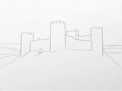 Three rough pencil tower shapes sitting on a loosely sketched mound.