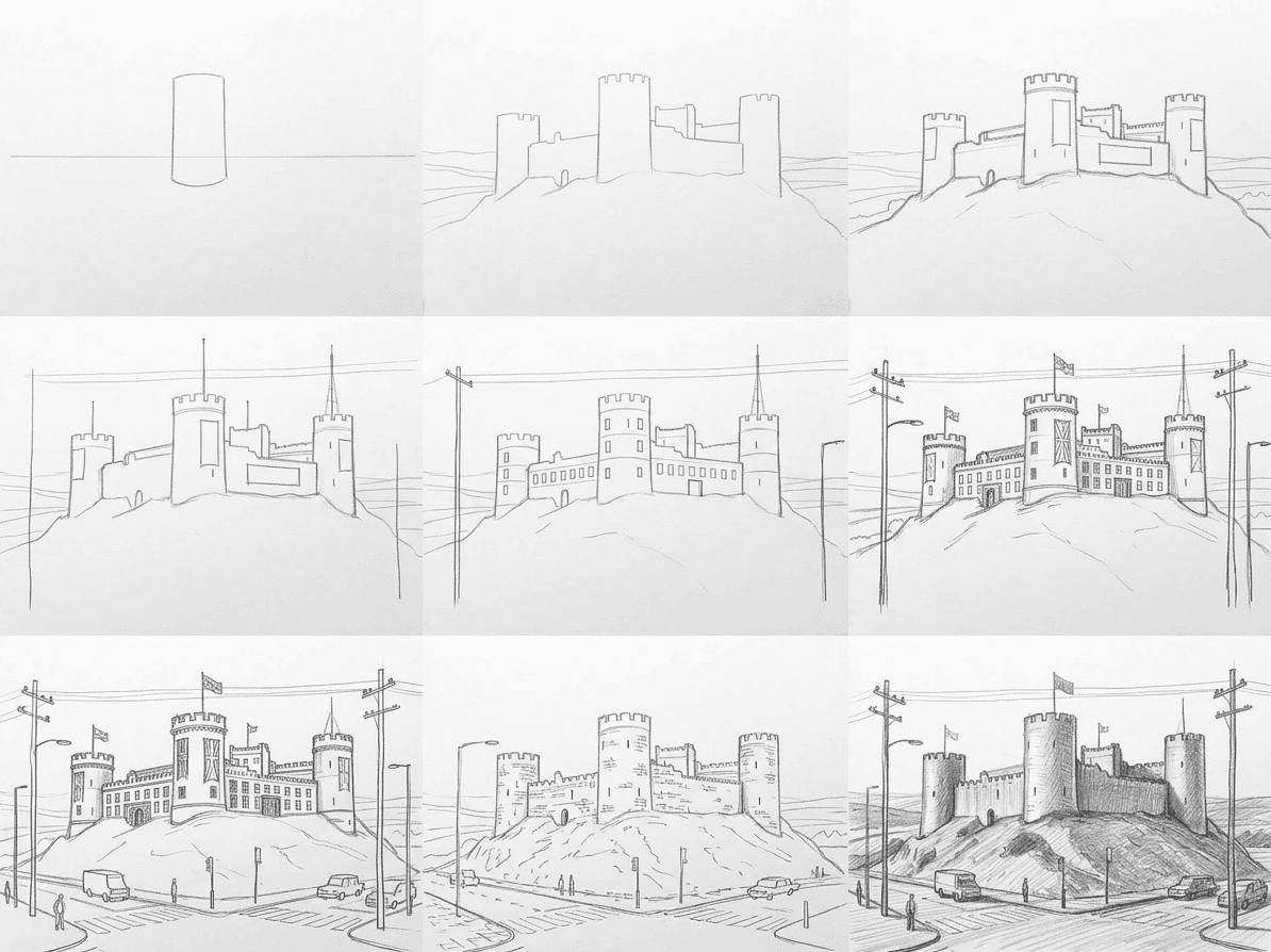 Pencil sketch tutorial of a medieval stone castle